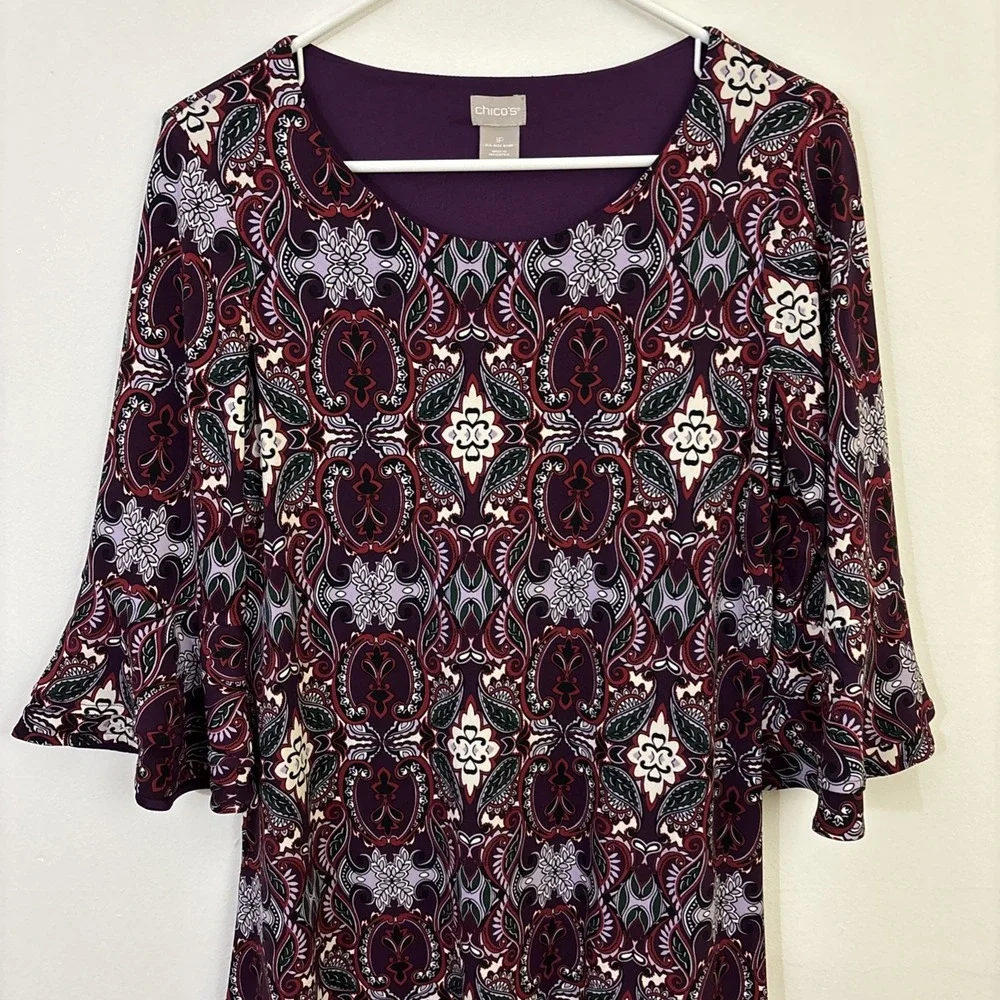 Chicos 1P Dress Maroon Purple Floral Geometric Flare‎ Bell Sleeve Stretch Brunch